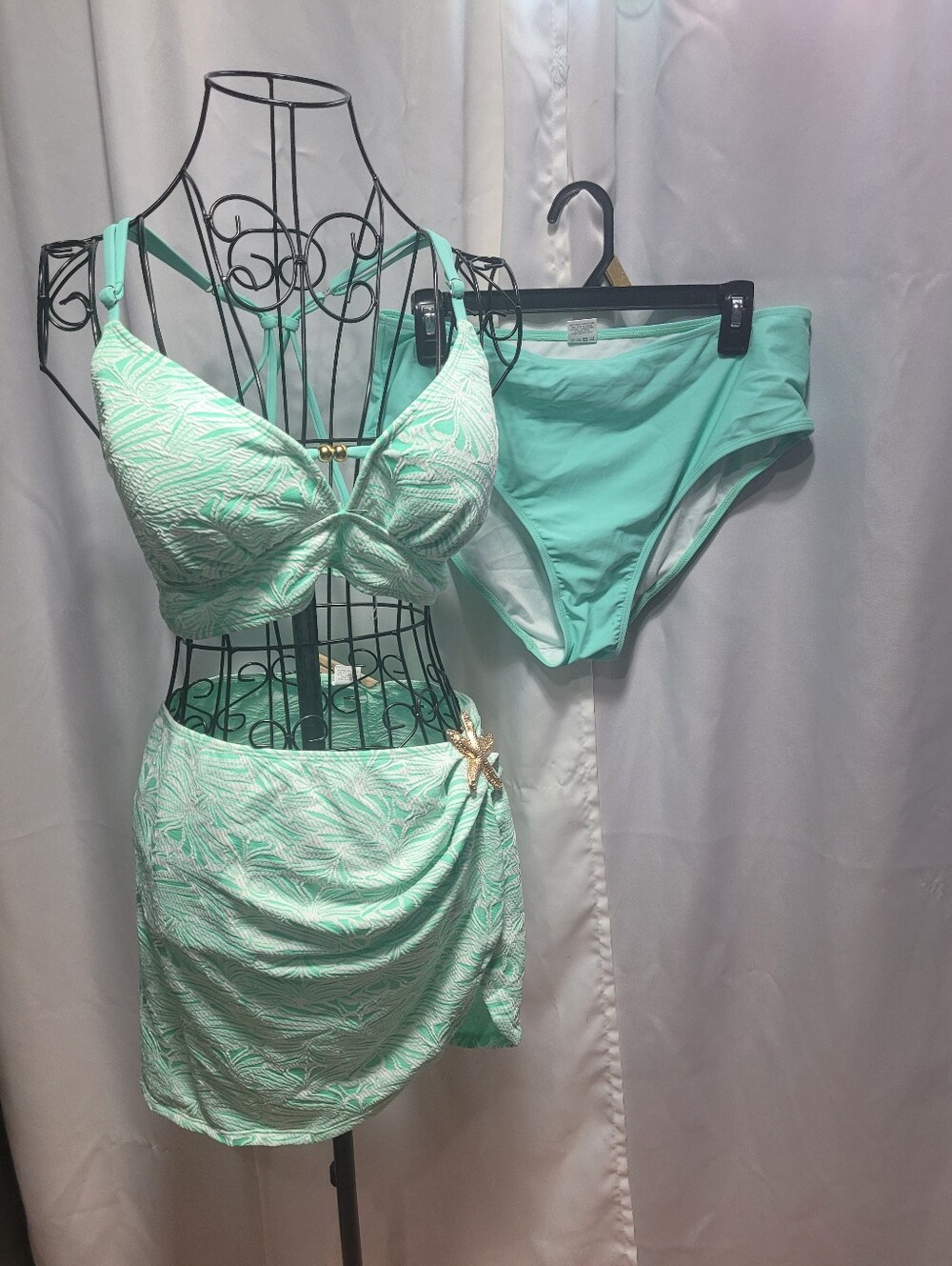 Mint Green Tropical Bikini Set with Skirt